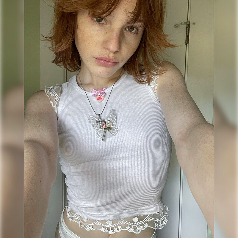 Dame delikat Crop-Top med romantisk blondekant Skovae