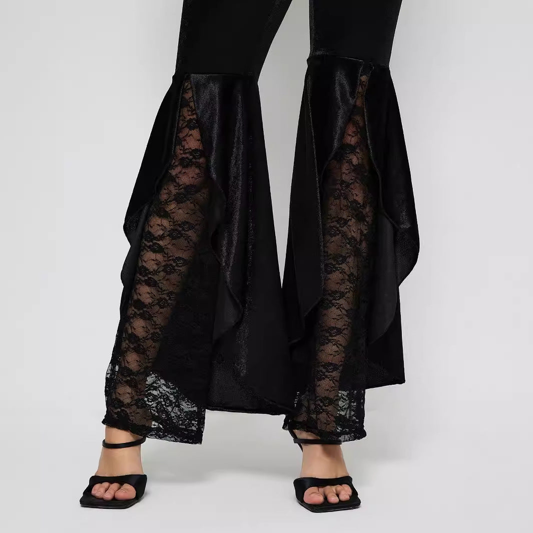 Damer elegante højtaljede palazzo bukser med transparente blondeindsatser Stilla