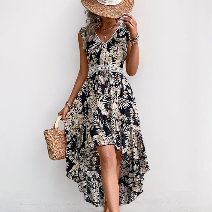 Femme High-Low Tropenprint Maxikjole med detaljeret talje Stilla
