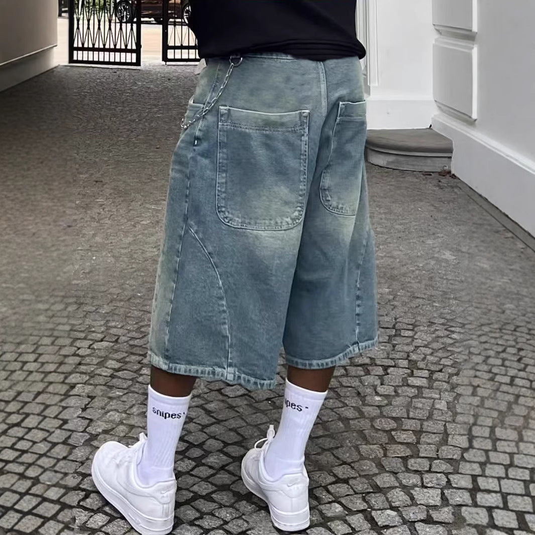 Herre afslappede denim shorts med frynset kant og grafisk tryk Stilla