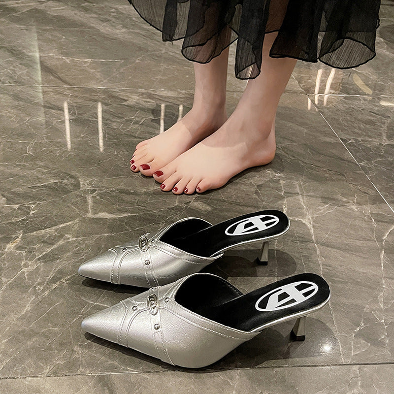 Dame Elegant Spids-Tå Hæl-Mules med Metallic-Detaljer Stilla