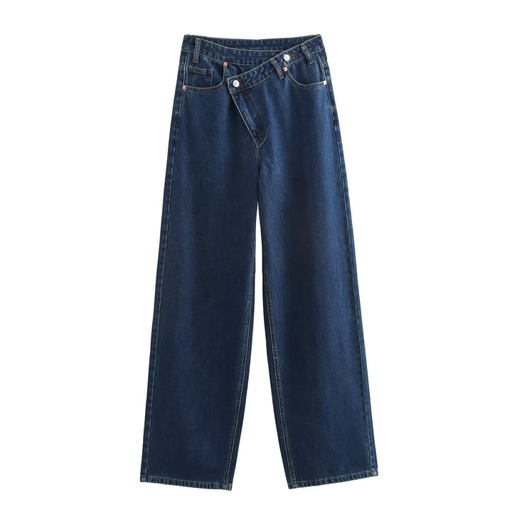 Dame bredt skårne jeans med asymmetrisk knaplukning og høj talje Skovae