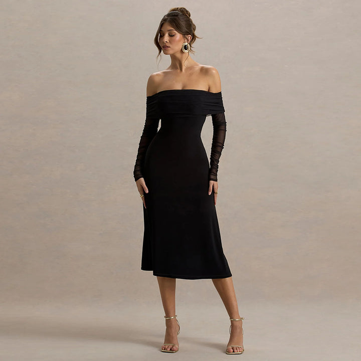 Damer elegant off-shoulder midi-kjole med flæse-detaljer og gennemsigtige ærmer Skovae