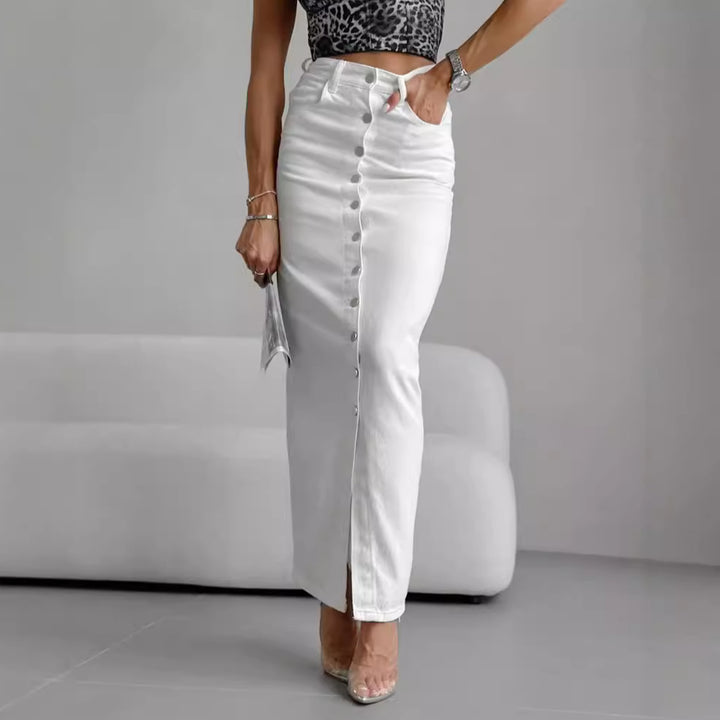 Dame lang denimnederdel med knapdetaljer og elegant deling Stilla