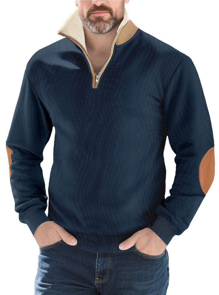 Herrer nan Strukturstrik-halv-zip-pullover med varmende Sherpa-krave og velour-ellenbog-applikation Skovae