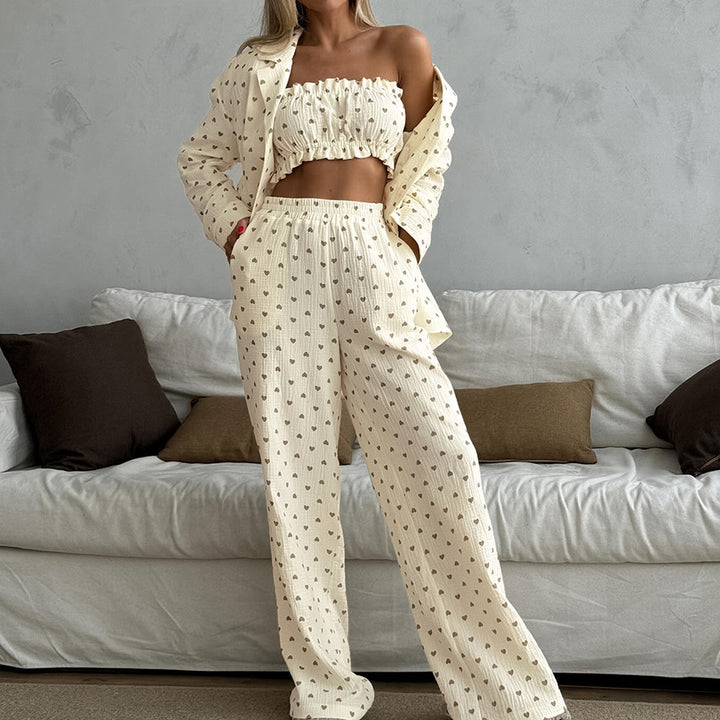 Dame Cropped Top og Nederdel-Sæt med Hjerte Motiv og Luftig Pasform Stilla