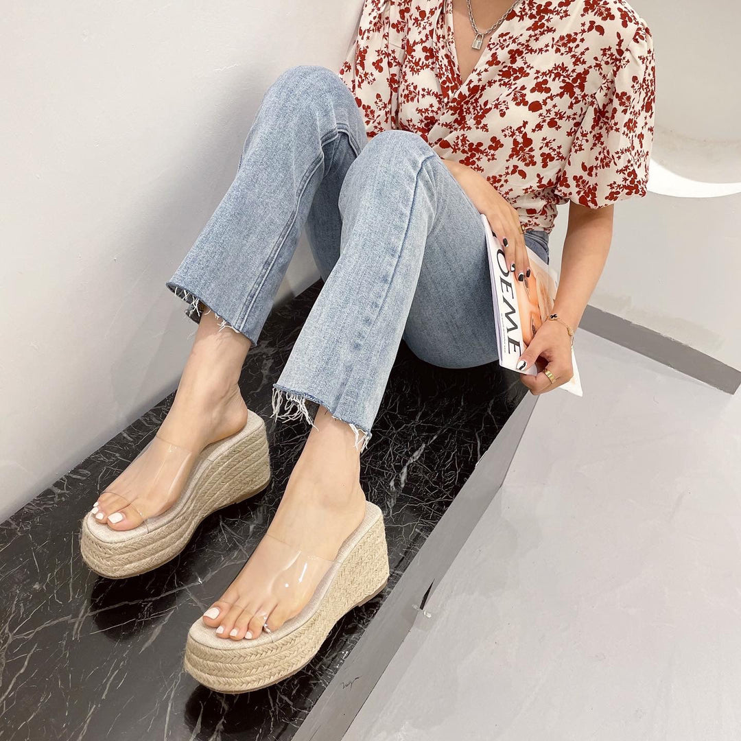 Dame elegante wedge-sandaler med gennemsigtigt overmateriale og flettet hæl Stilla