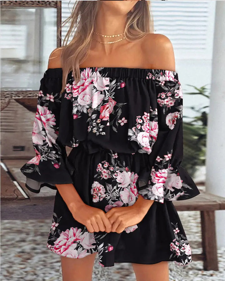 Dame luftig Off-Shoulder Kjole med Rüschendetails og blomster mønster Stilla