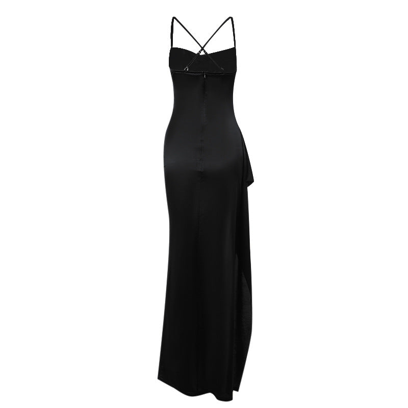 Dame elegant satin kjole med dyb slids og justerbare spaghetti stropper Skovae