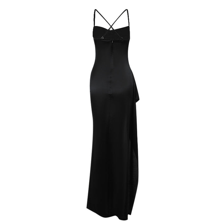 Dame elegant satin kjole med dyb slids og justerbare spaghetti stropper Skovae