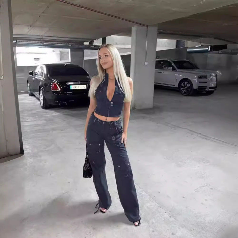 Dame Højkrave Lynlås Denim Crop Top Stilla