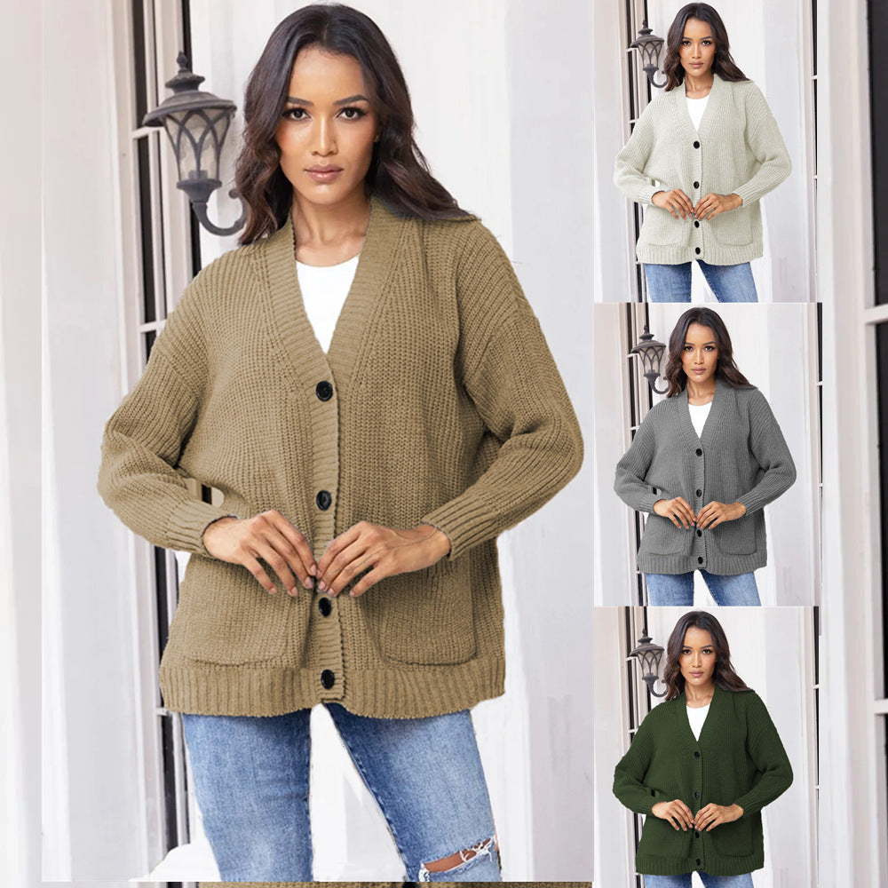 Kvindernes chunky strik cardigan med store lommer og klassisk V-hals Stilla