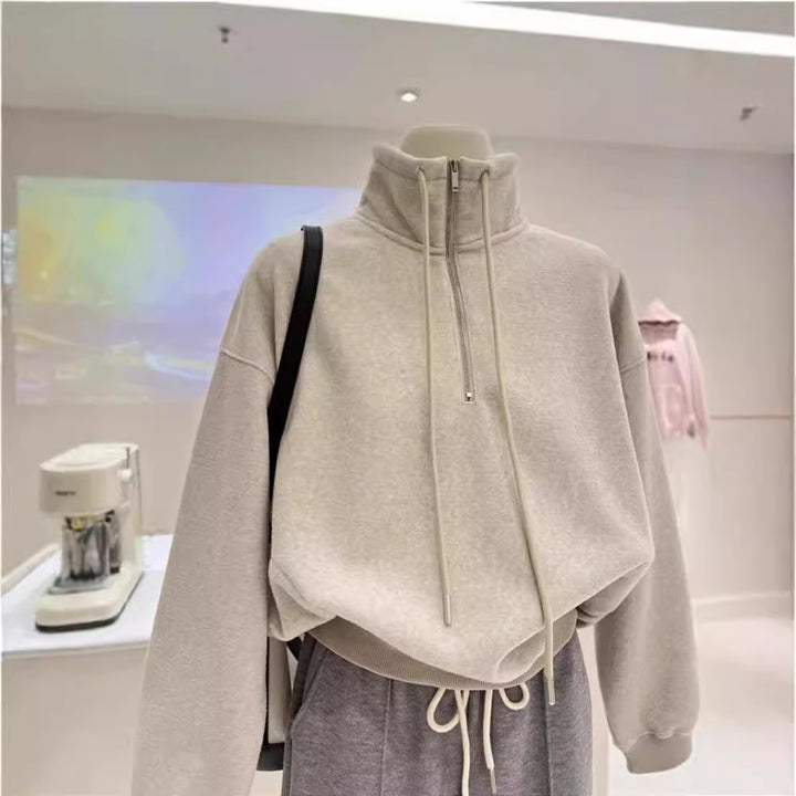 Dame Cropped Zip-Up Fleece Hoodie med justerbar snor Stilla
