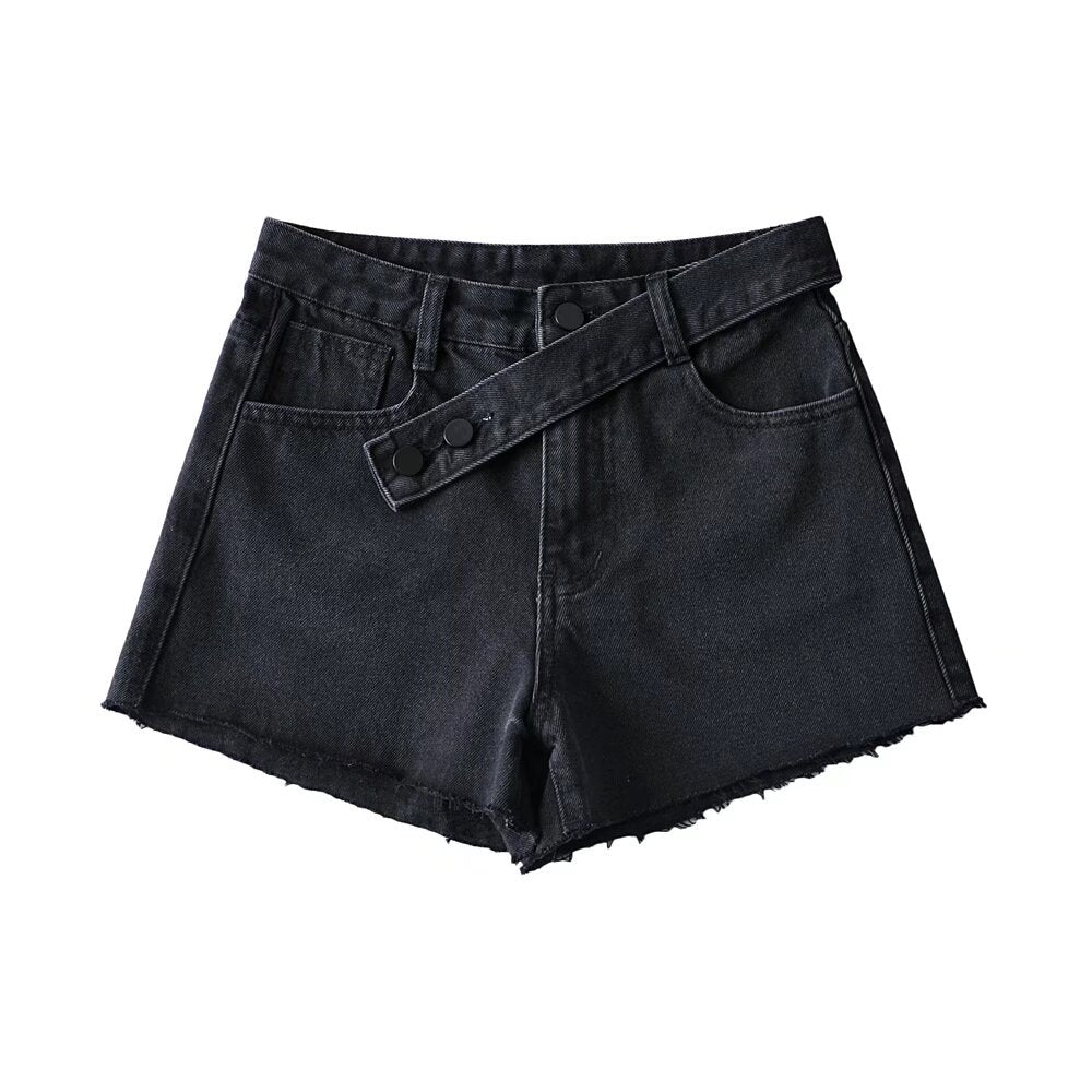 Damer Højtaljede Denim-Shorts med bredt bælte og moderigtige frynsede kant Stilla