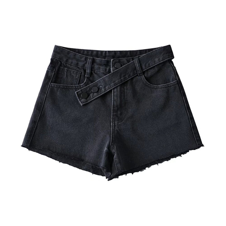 Damer Højtaljede Denim-Shorts med bredt bælte og moderigtige frynsede kant Stilla