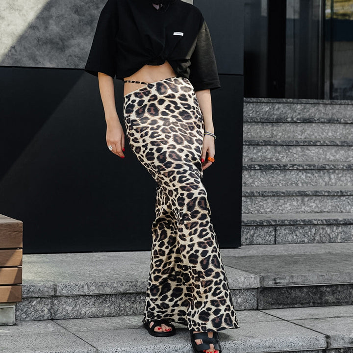 Dame Maxiskørt i trendy leopardmønster med flydende snit og høj talje Stilla