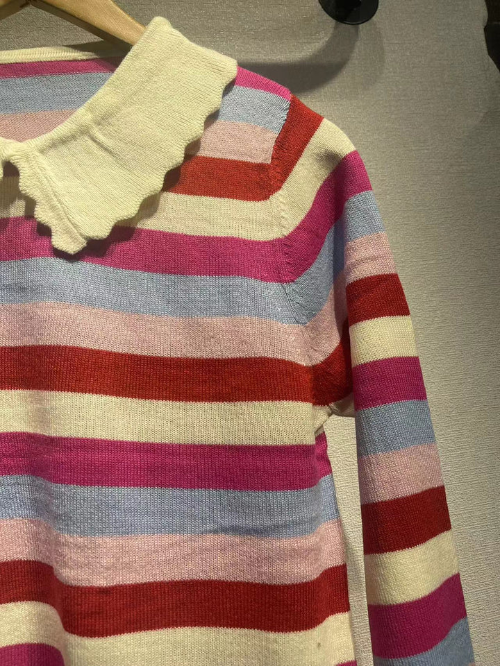 Dame strikpullover med kontraststriber og elegant krave Stilla