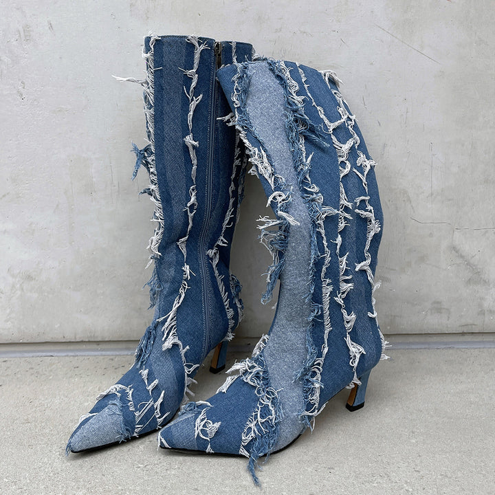 Femme Over-knæet Revnet Denim Stiletto Støvler Stilla