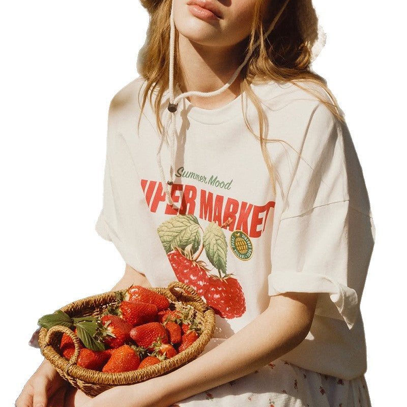 Dame T-Shirt med glad frugt-print og afslappet snit Stilla