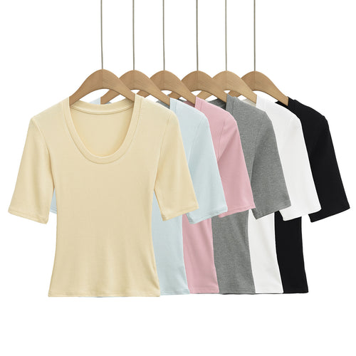 Dame Kortærmet T-shirt med dyb rundhalsudskæring og elastisk rib-materiale Stilla