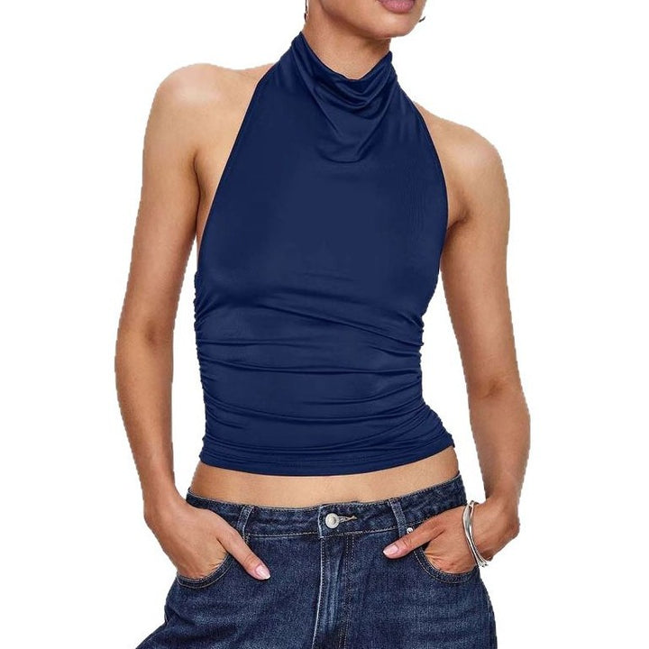 Dame afslappet crop-top med høj halsudskæring og dekorativ ruching Stilla