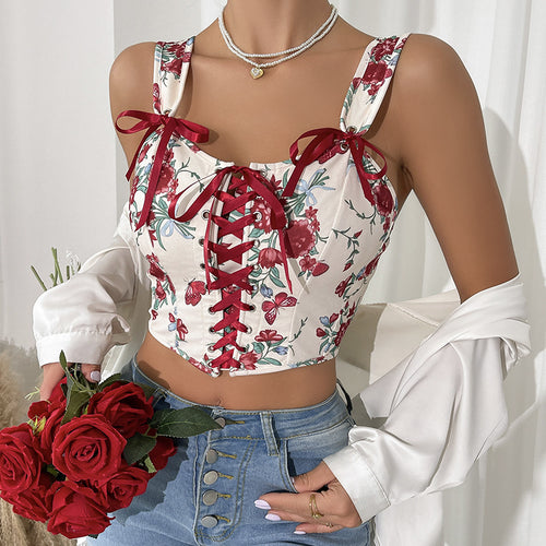 Dame Crop-Top med blomsterdesign og raffinerede snørredetaljer Stilla