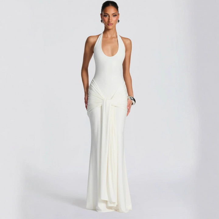 Damen Langes Wickelkleid mit tiefem V-Ausschnitt und Raffungen Skovae