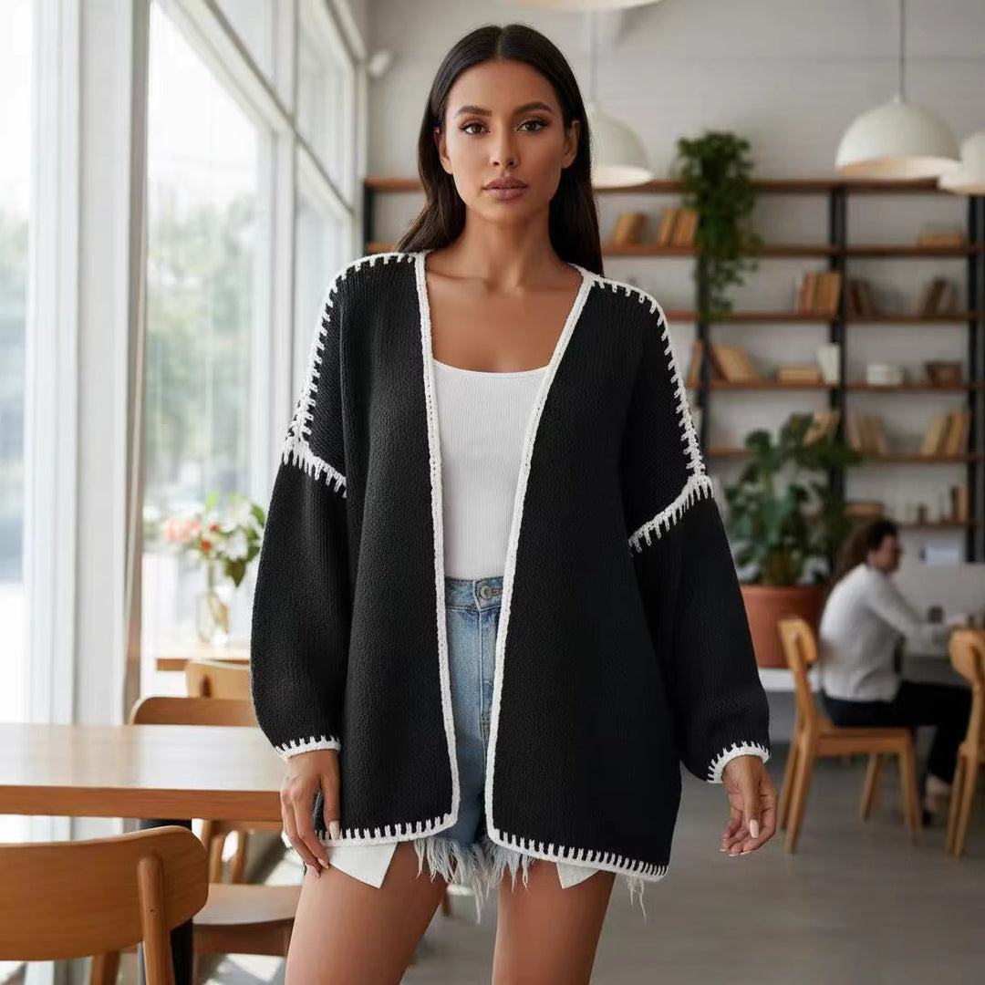 Kvinders åbne cardigan med elegante kontrastsyninger Stilla