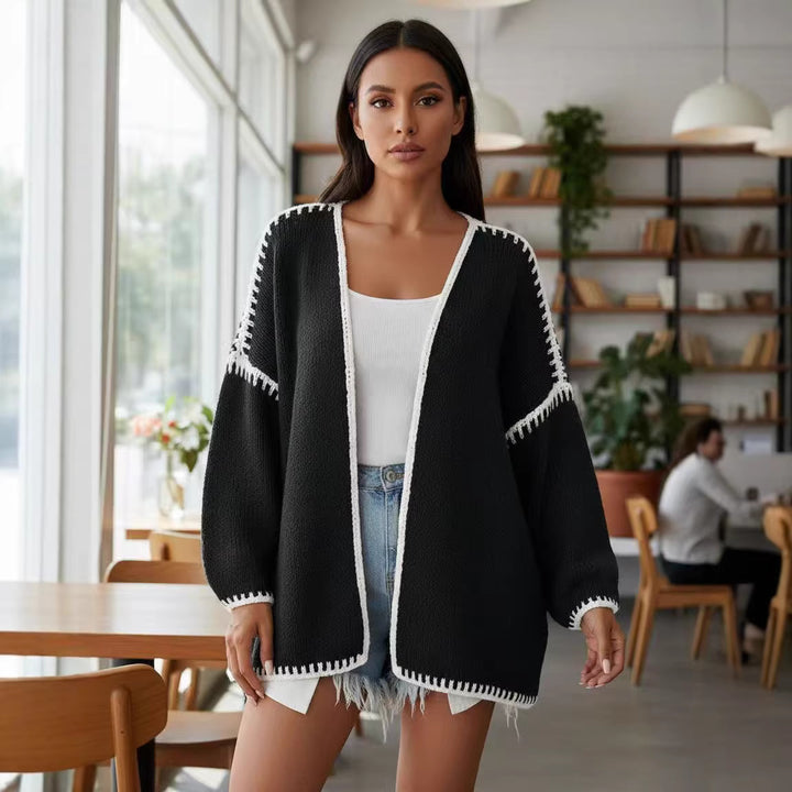 Kvinders åbne cardigan med elegante kontrastsyninger Stilla