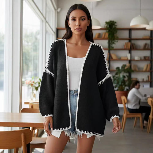 Kvinders åbne cardigan med elegante kontrastsyninger Stilla