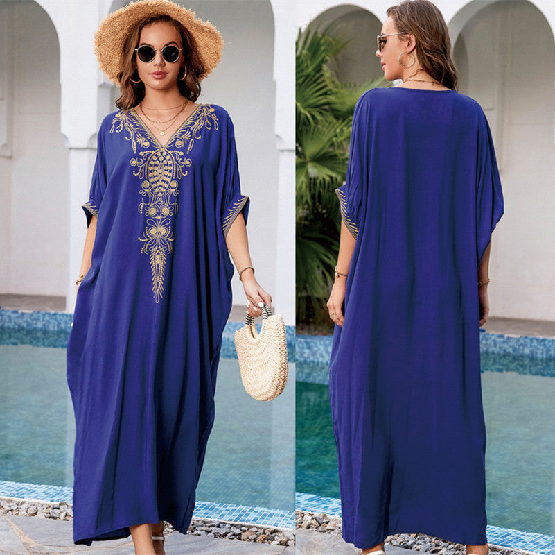 Dame elegant Strandkaftan med omfattende broderi og lommer Stilla