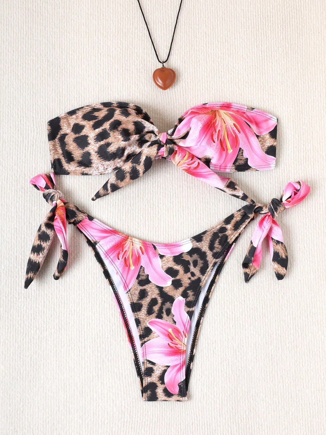Dame bikini-set med blomsteragtigt leopardmønster og justerbare stropper Skovae