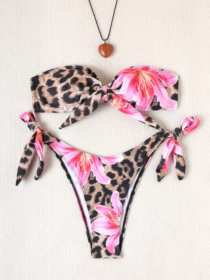 Dame bikini-set med blomsteragtigt leopardmønster og justerbare stropper Skovae