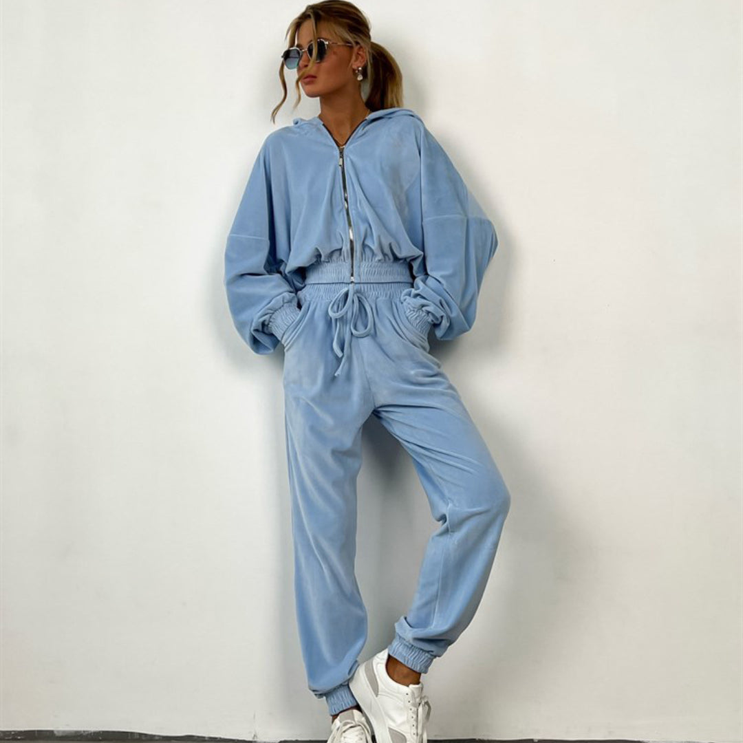 Kvindernes sporty velour sæt med modern lynlås og elastisk talje Skovae