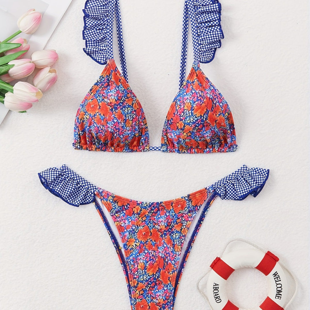 Dame triangel-bikini-sæt med florale ruffles-detaljer og justerbare stropper Stilla