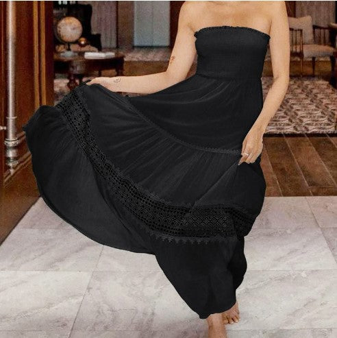 Dame strapless maxikjole med elegant blondedekor Stilla