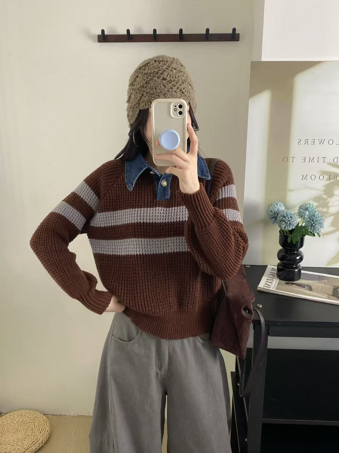 Kvinders afslappede strikket sweater med krave og stribet design Stilla