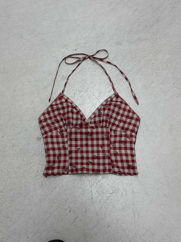 Dame Tartan-Bikini-top i vintage stil med spaghetti stropper og ekstra blomster mønster Skovae