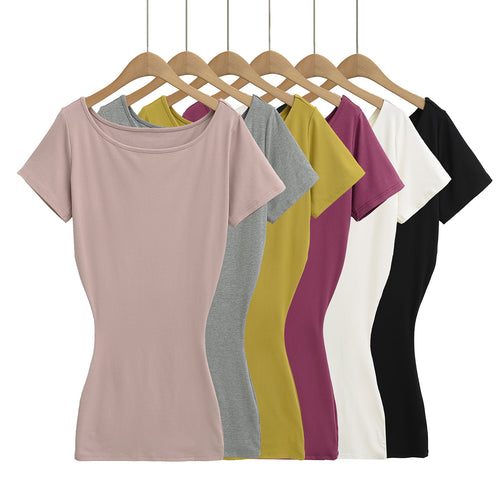 Dame tætsiddende T-shirt med bred rund halsudskæring og elastisk materiale Stilla