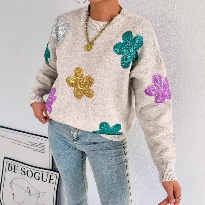 Kvindernes glitrende oversized sweater med blomstermotiv Stilla