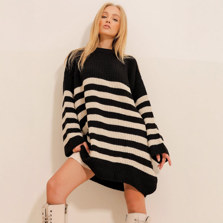 Kvinder Oversized Strikkjole med Stribet Mønster Skovae
