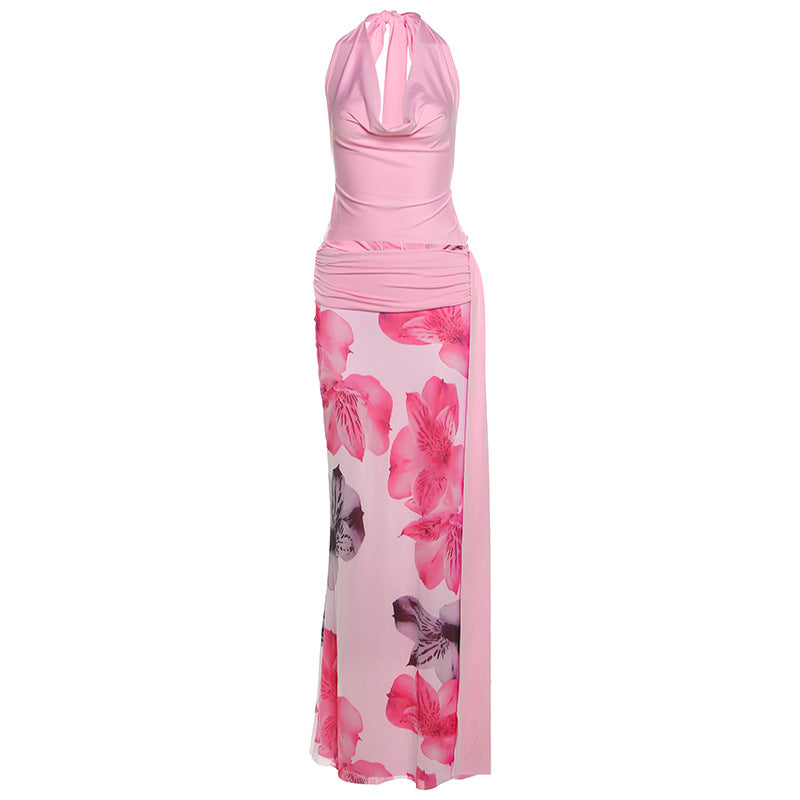 Dame maxikjole med blomstrende indpakningsdesign og høj halsudskæring Stilla