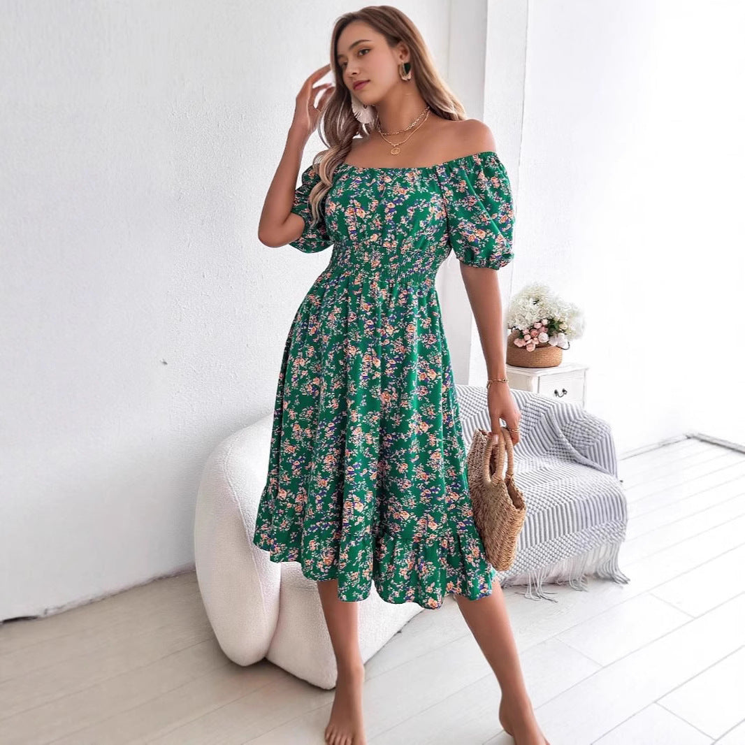 Dame Off-Shoulder Sommerkjole med Rynk og Volantærmer Stilla