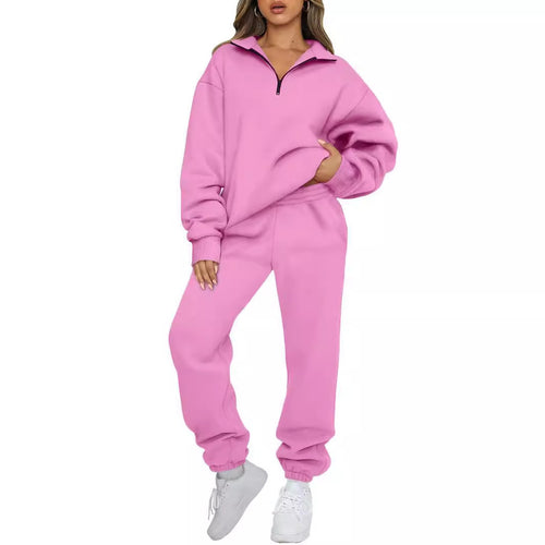 Kvindernes komfortable sæt med sweatpants med moderne ståkrave og kengurulomme Skovae
