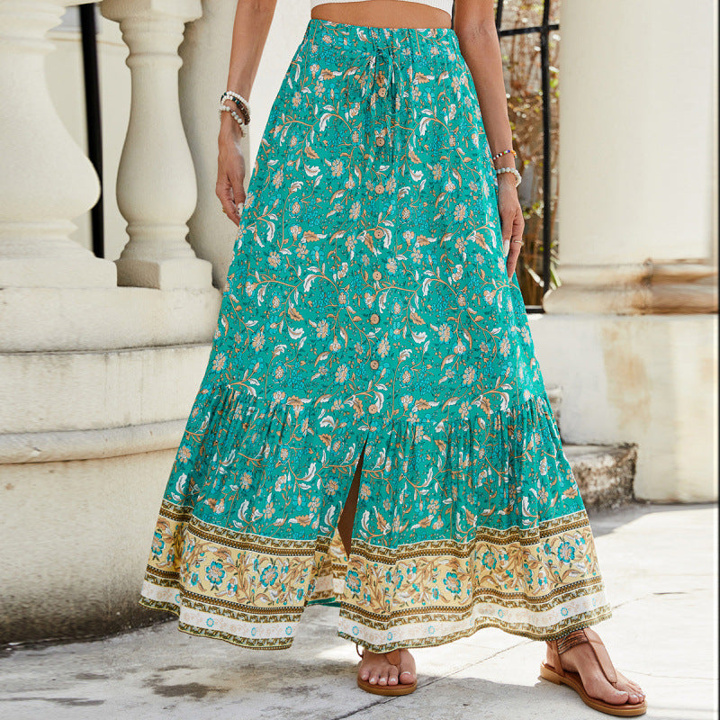Femme Bohemian Floral Maxi Skirt med høj slids Stilla