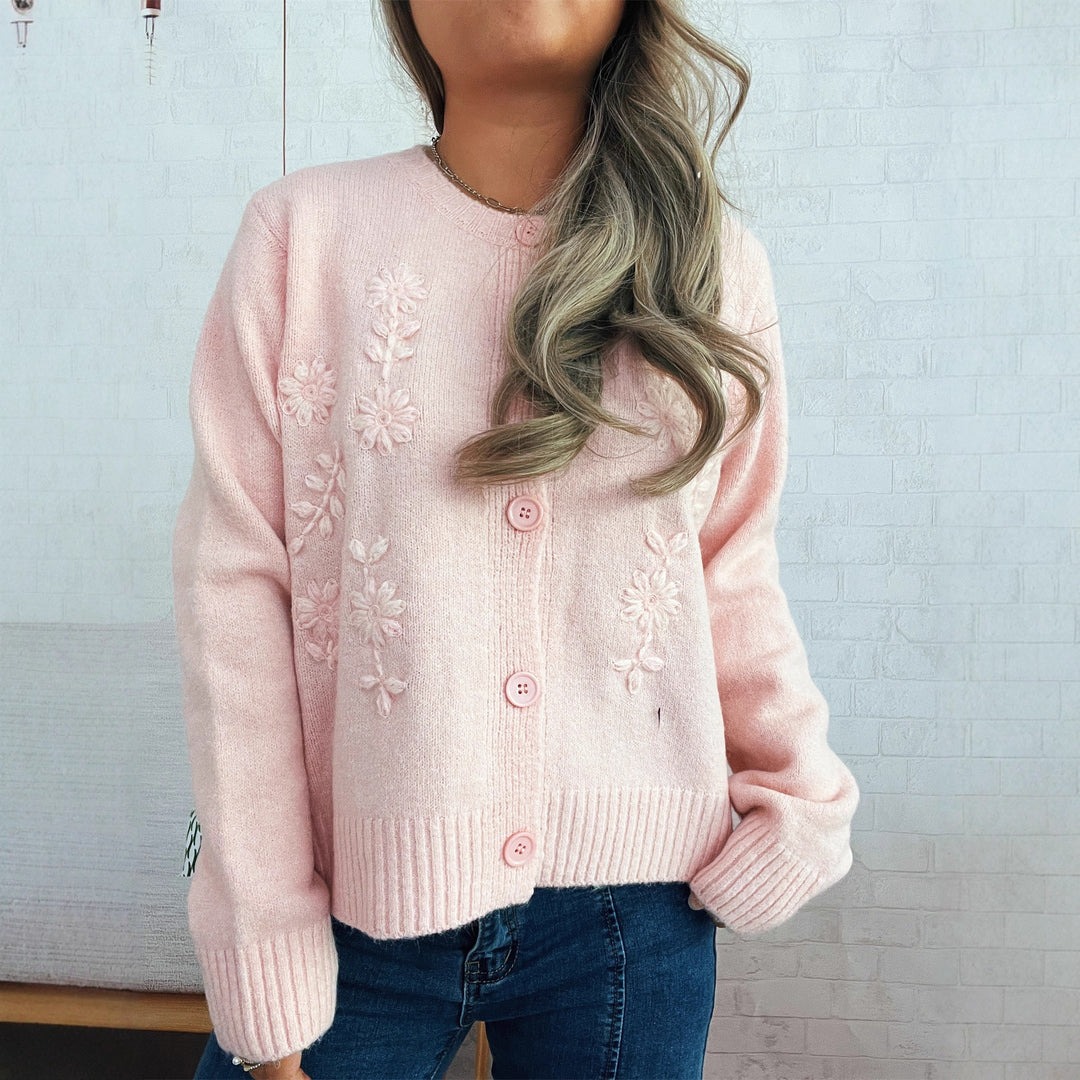 Kvinders løstsiddende strik cardigan med blomsterapplikationer og knapdetaljer Stilla