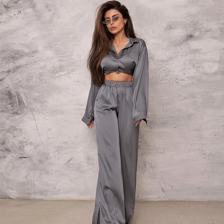Dame Satin Jumpsuit-Sæt med afslappet elegance og bredt ben Stilla