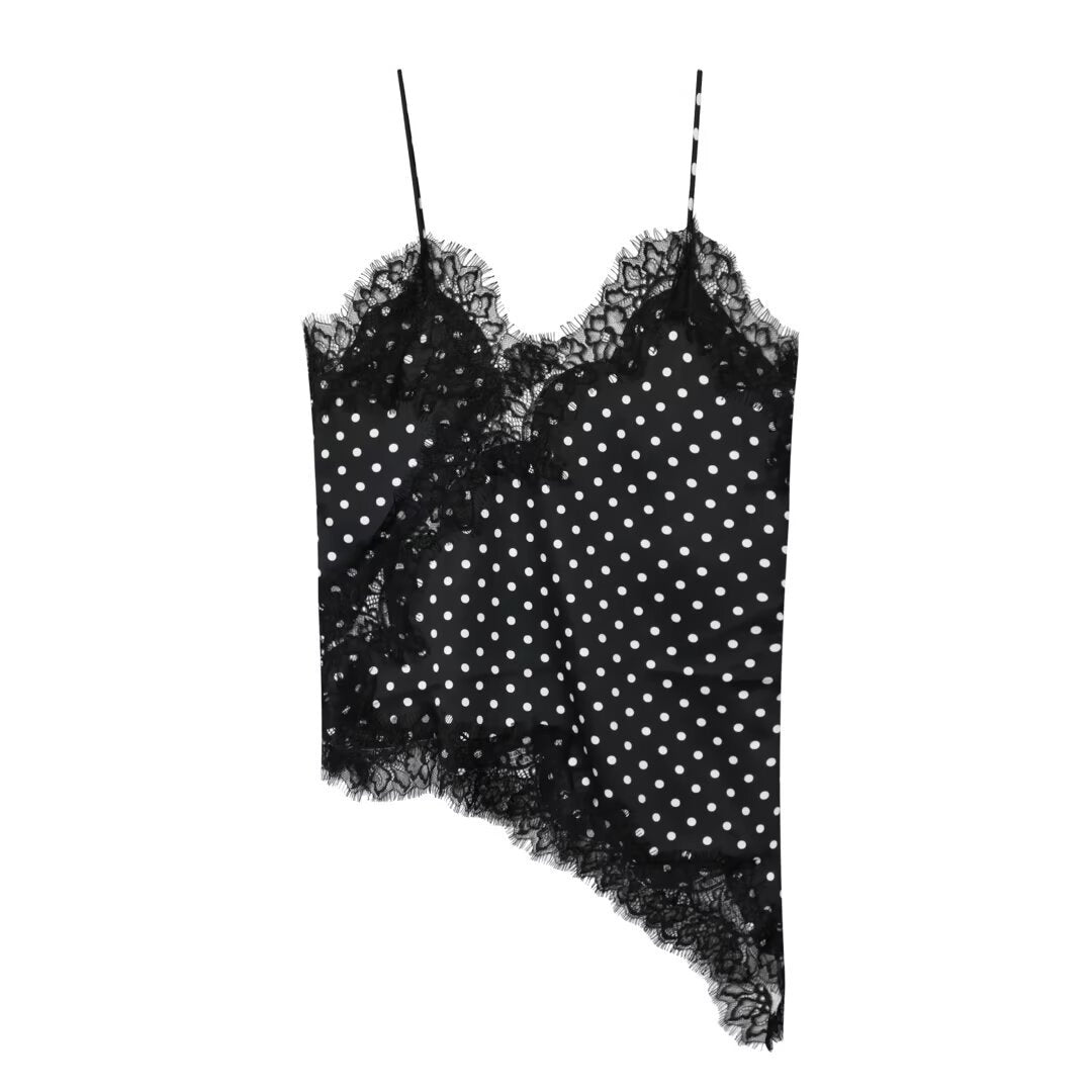 Dame-spids-camisole med asymmetrisk snit og elegante prikker Skovae