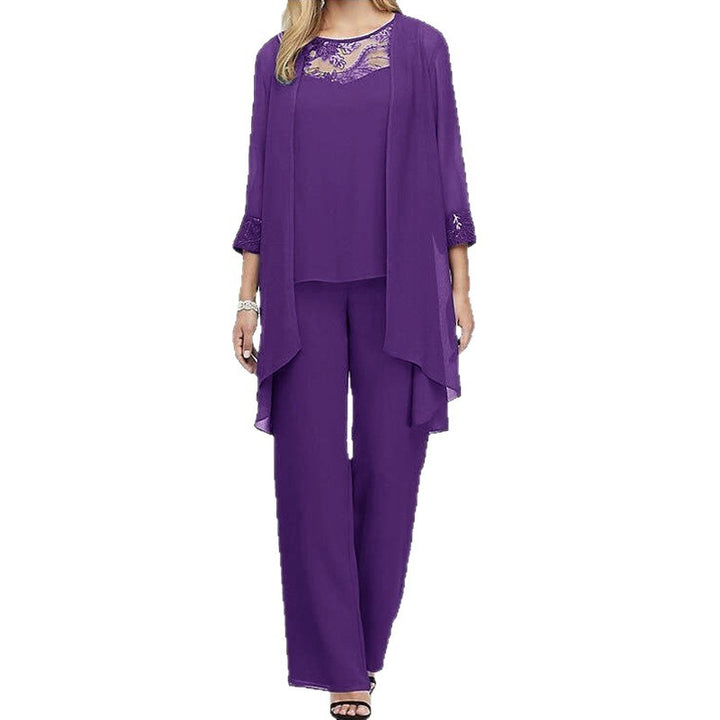 Dame nan flydende chiffon aftenensemble med spidsbesætning, kimono cardigan og bred palazzo bukser Skovae
