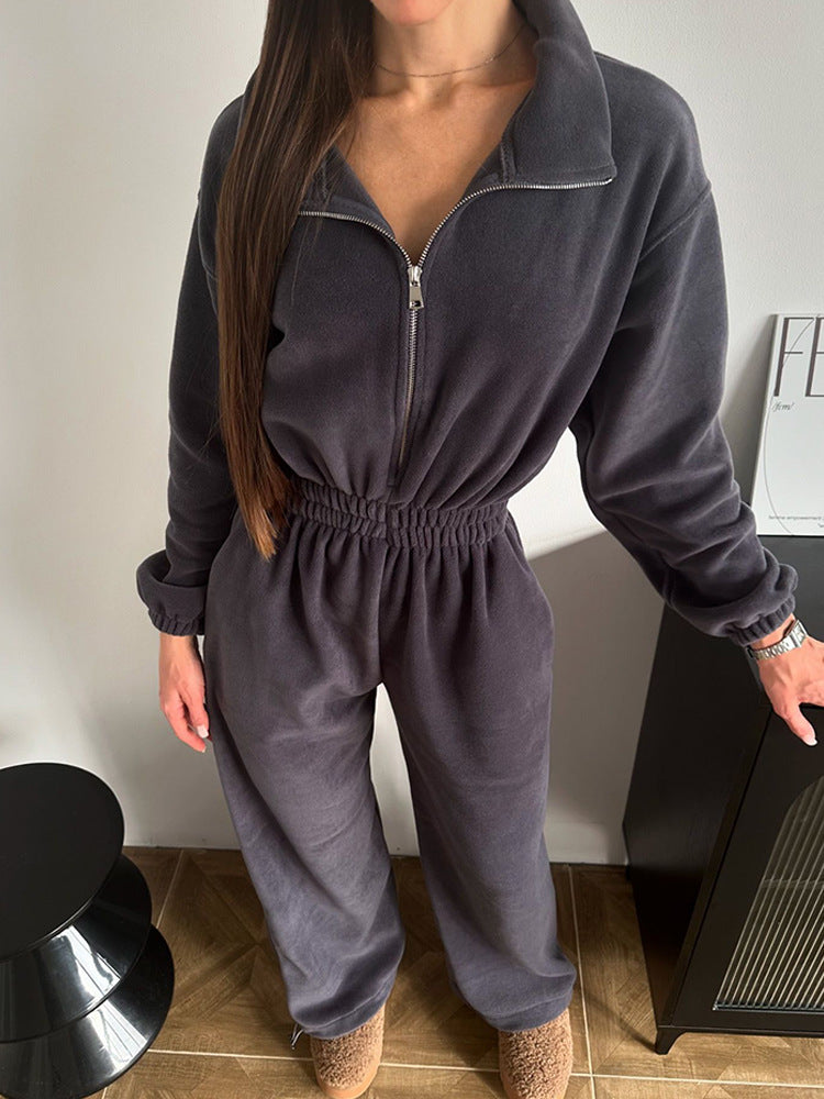Kvinder Oversized Fleece Jumpsuit med Standkrave og Elastisk Talje Skovae